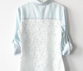 Light Blue Denim Shirt With Lace Back